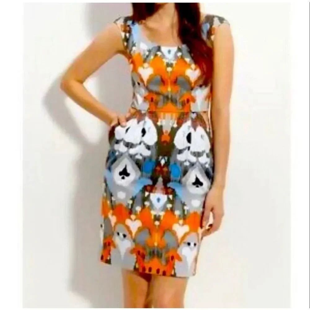 Maggy London Multicolor Abstract Ikat Scoop Neck Sleeveless Sheath Dress Size 10